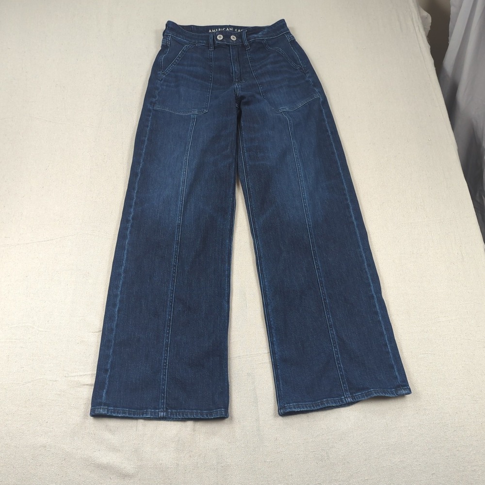 American Eagle Jeans Womens 4 Blue Super High Rise Baggy Wide Leg Boho Dark Wash